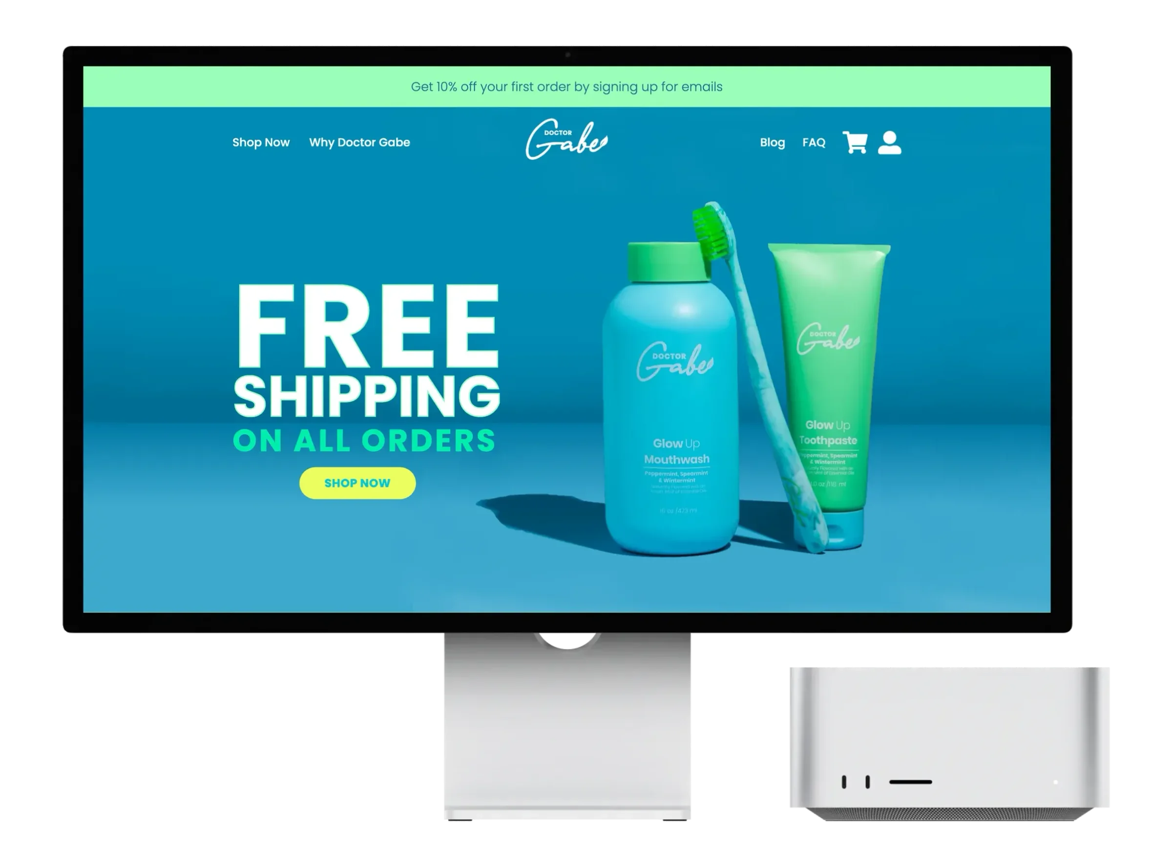 The Doctor Gabe store on a desktop display, headlined Free Shipping On All Orders beside the mouthwash, brush and toothpaste.