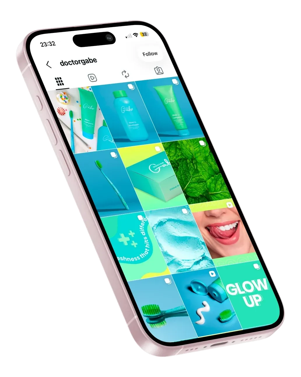 The Doctor Gabe Instagram grid on a phone: product, ingredient and lifestyle posts in the brand's mint and cyan.