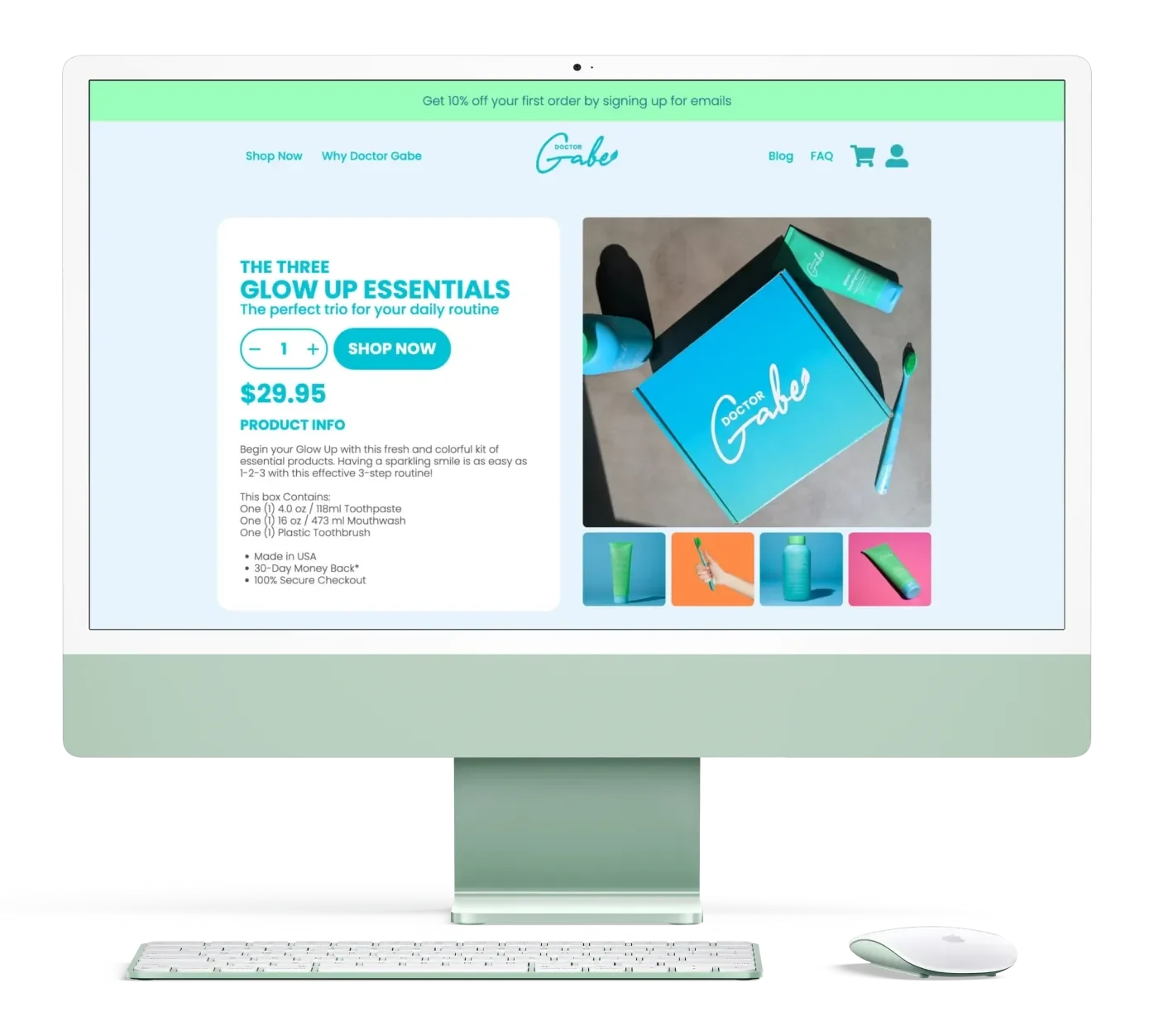 The Glow Up Essentials product page: the three-item kit with its price, quantity stepper and Shop Now button.