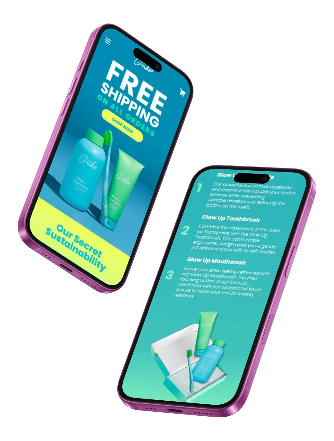 The store on two phones: a free shipping banner over the products, and the three-step essentials.