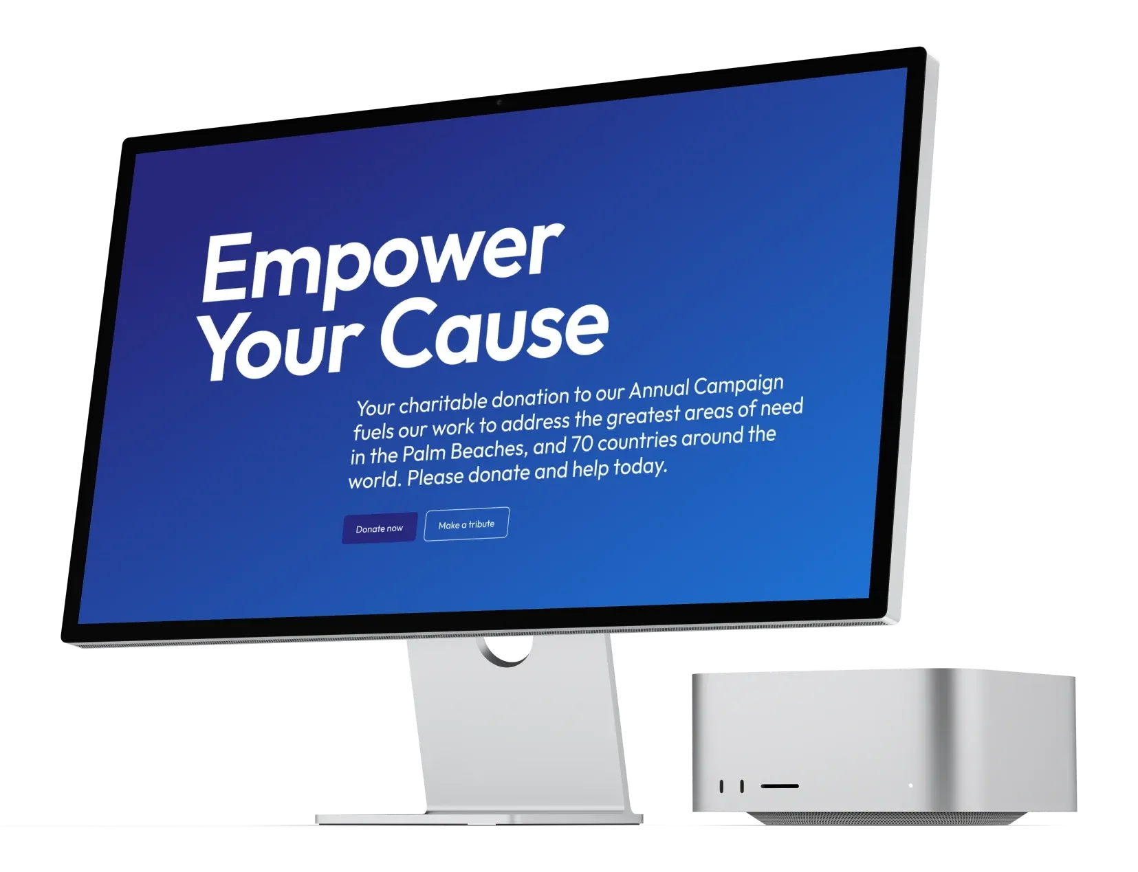 The rebuilt giving page on a desktop display, headlined Empower Your Cause above two buttons.