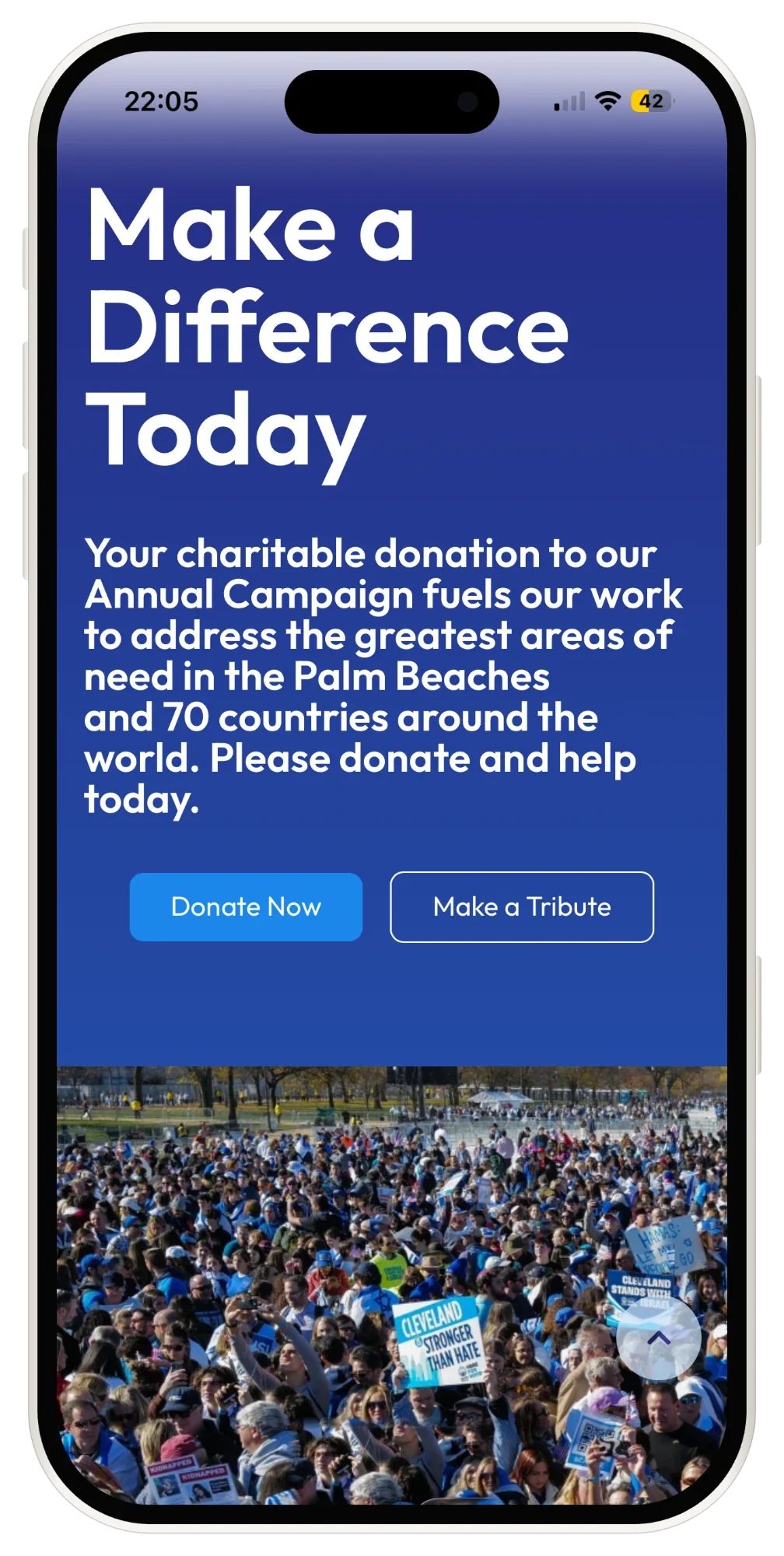 The rebuilt donate page on a phone, headlined Make a Difference Today above Donate Now and Make a Tribute.