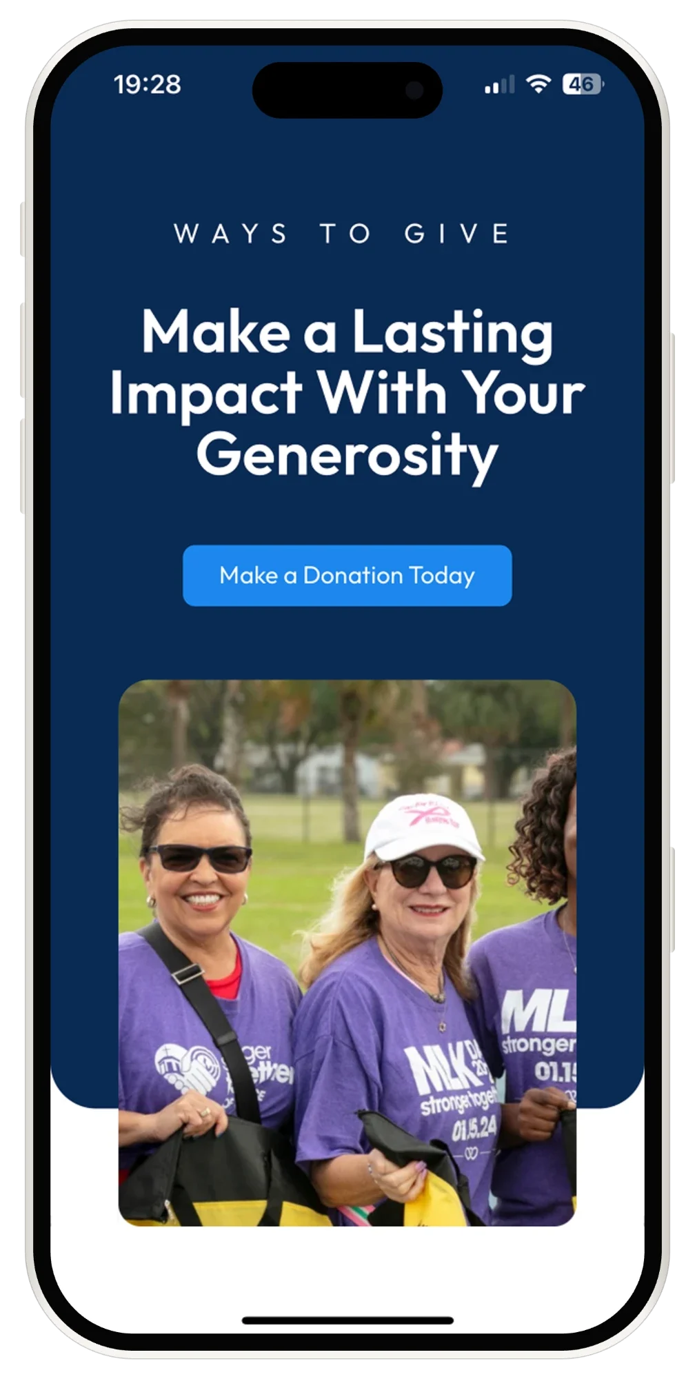The rebuilt Ways to Give page on a phone, headlined Make a Lasting Impact With Your Generosity above a single donation button.