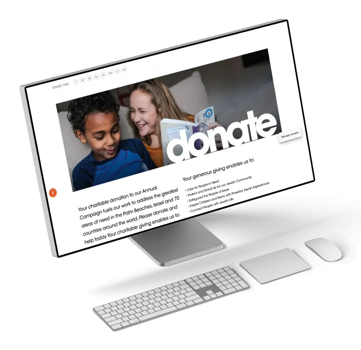 The original donate page on a desktop: a row of eight share icons above a banner image, then paragraphs of text.