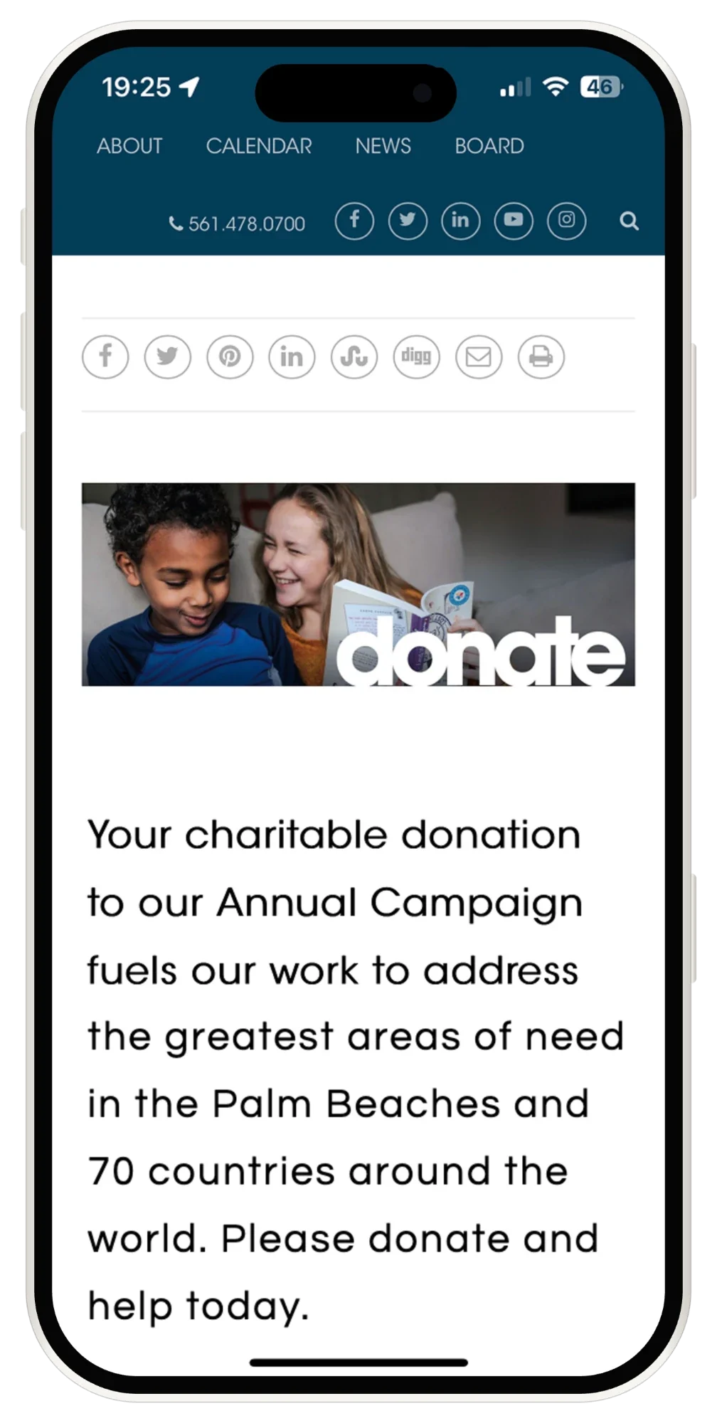 The original donate page on a phone: navigation, a phone number, five social icons and a search, then eight share icons, before any content.