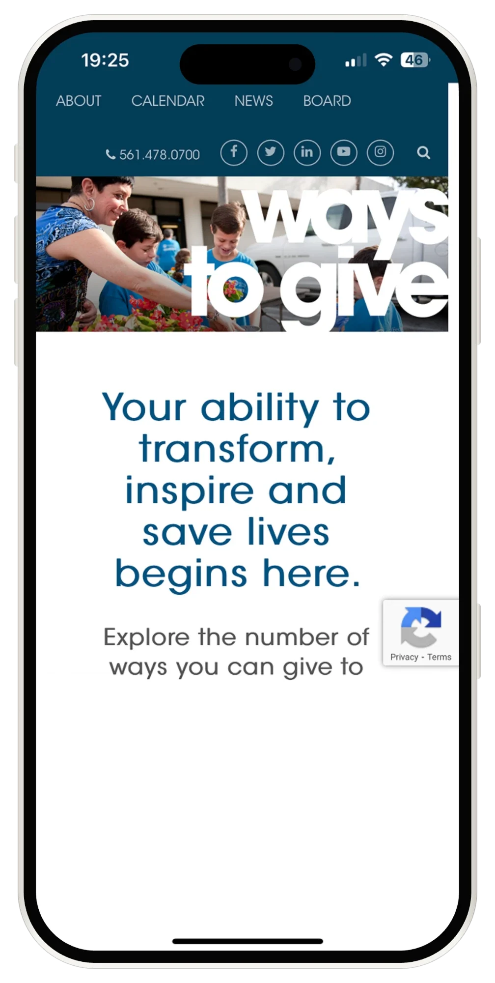 The original Ways to Give page on a phone: a banner, a heading, and body copy with no call to action in view.