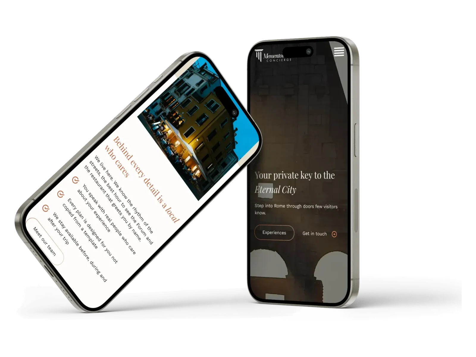 The redesign on two phones: the dark hero, and the locals section.