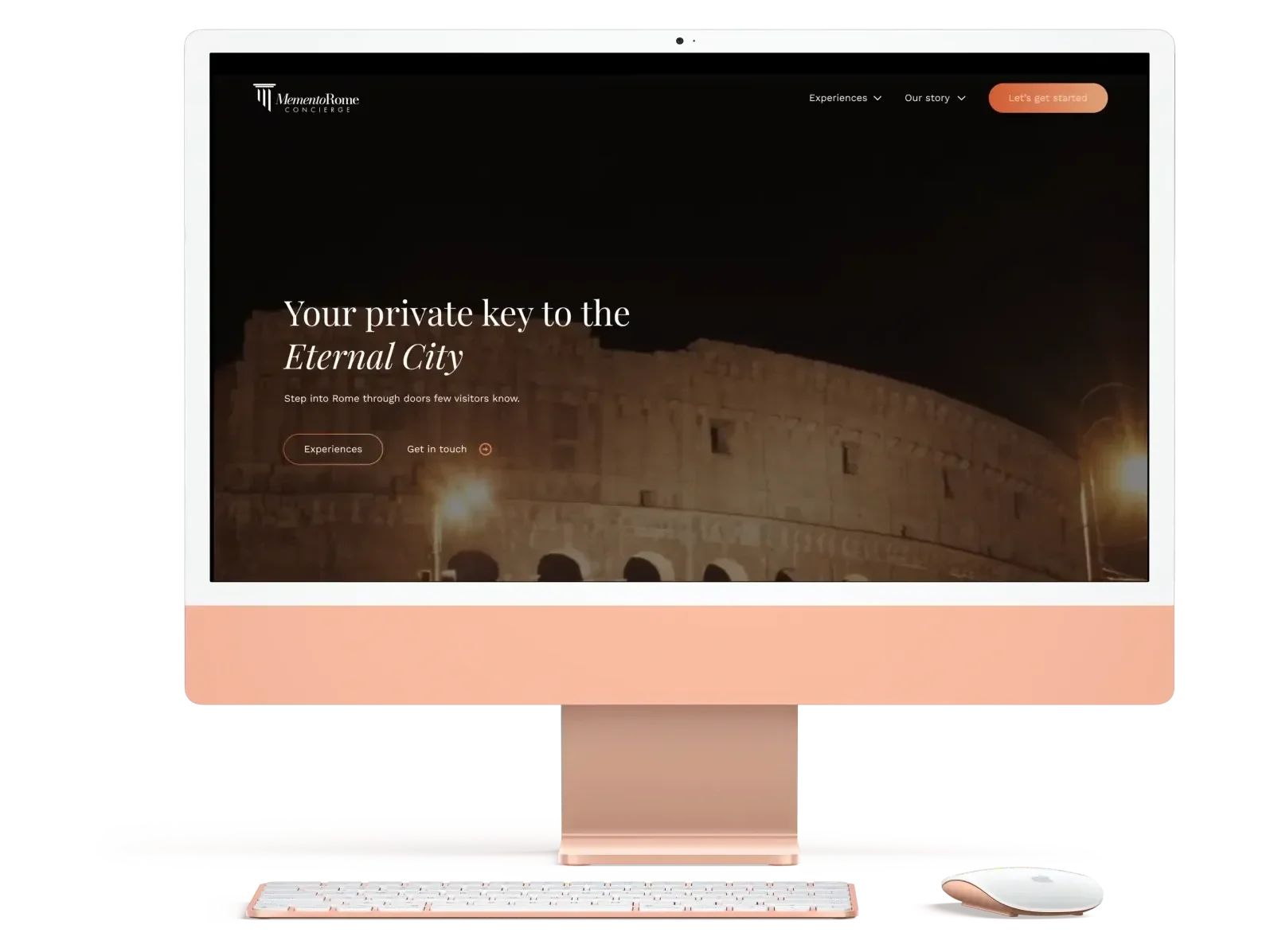 The redesigned Memento Rome homepage on a desktop: Your private key to the Eternal City over the Colosseum at night.