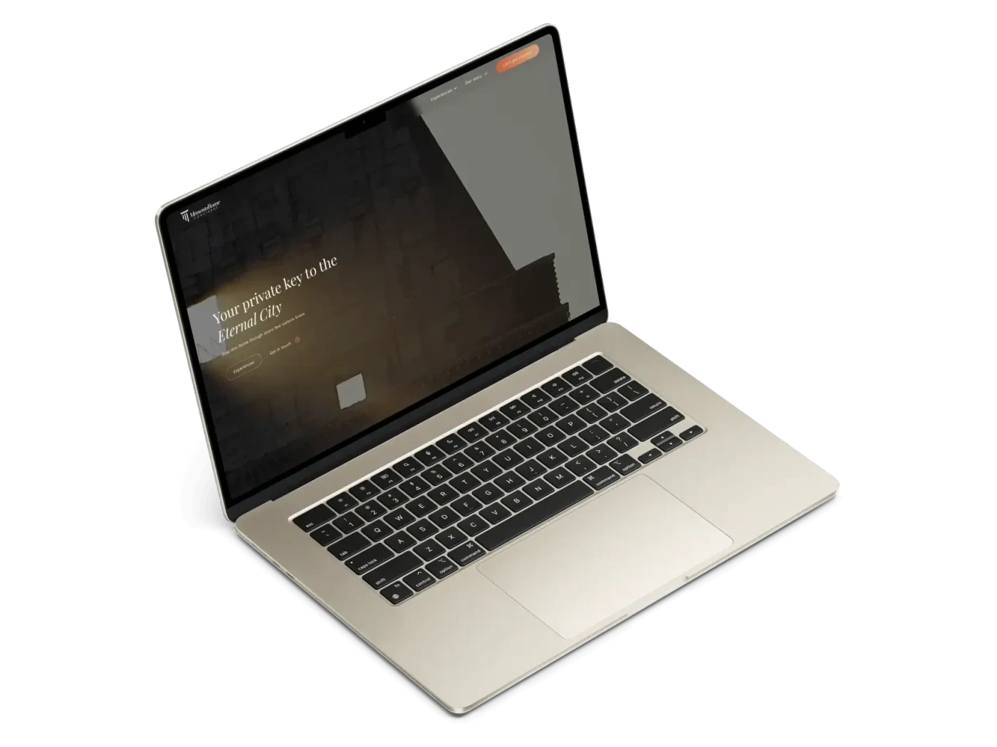 The redesigned homepage on a laptop, headlined Your private key to the Eternal City above Experiences and Get in touch.
