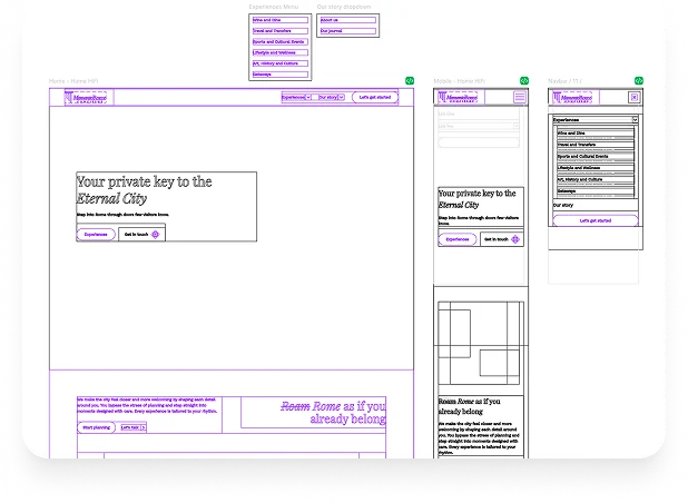 Greyscale wireframes of the home page across desktop, mobile and the navigation states.