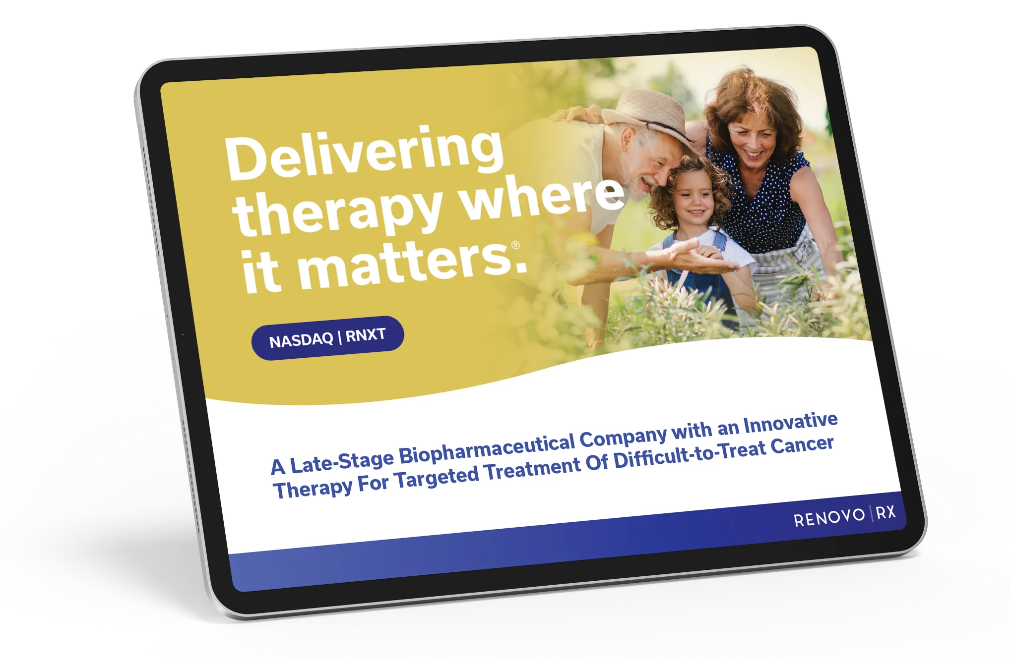 The investor deck on a tablet, headlined Delivering therapy where it matters.