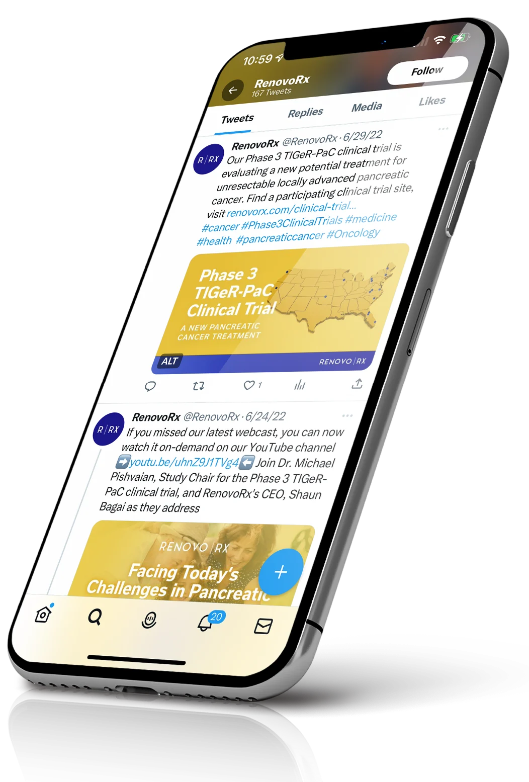 The RenovoRx social feed on a phone: trial updates and webcast invitations over the brand's deep blue.