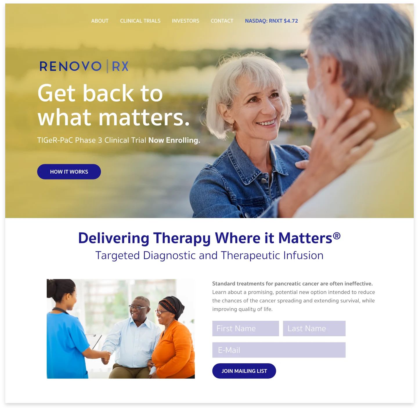 The redesigned RenovoRx site: warm family imagery over the line Delivering Therapy Where it Matters.